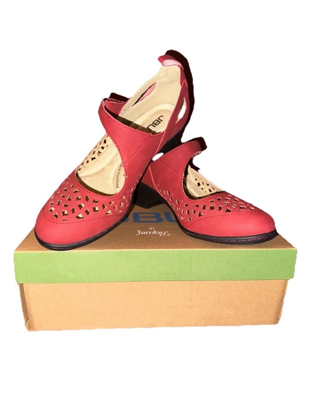 JBU Jolene Red/maroon Laser Cut Mary Jane Wedge Shoes Womens 6W arched footbed